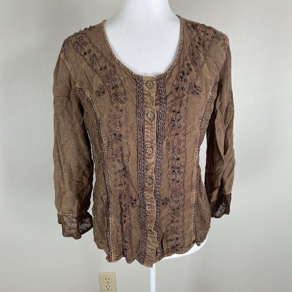Gabrielle M Embroidered Brown Top Blouse Renaissance Vintage Cottagecore Prairie